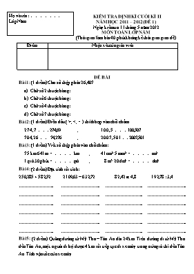 Đề kiểm tra định kì cuối học kì II Toán lớp 5 - Năm học 2011-2012